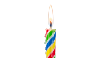Single vibrant birthday candle with colorful stripes, lit and glowing warmly, symbolizing celebration, happiness, and special occasions, isolated on transparent background for festive designs