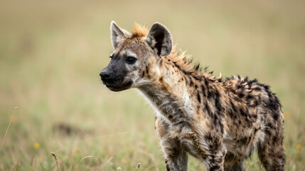 Fototapeta premium Hyena pup curiously tilting its head in savannah grass playful close up