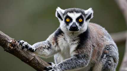 Obraz premium Lemur with wide yellow eyes perched on tree branch expressive close up