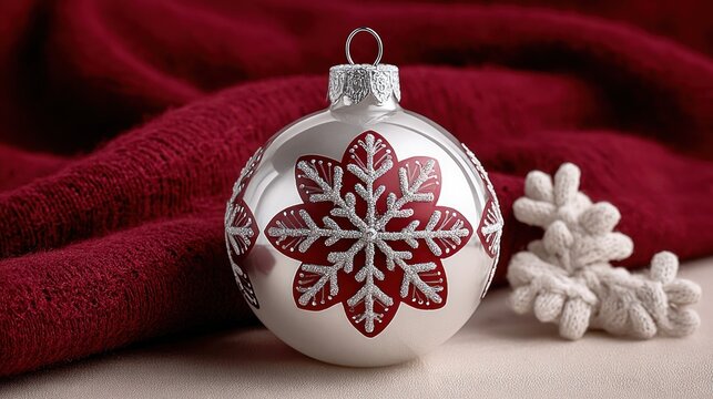 Ornament sits on a table with red fabric and white decorations, showing winter themes and holiday spirit