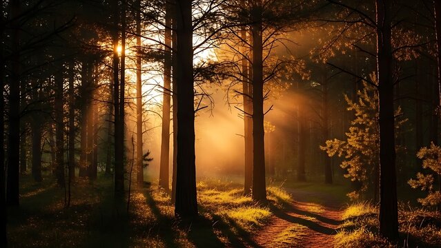 Radiant Golden Sunbeams Pierce a Misty Pine Forest Casting Long Shadows. - Powered by Adobe