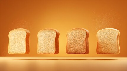 Obraz premium Golden Toast Slices Floating in Air with Warm Orange Lighting and Soft Shadows