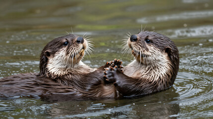 Fototapeta premium Playful otter floating on its back in calm river water close up detail