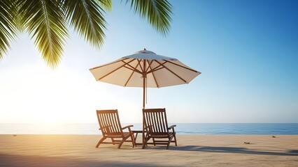 Tropical beach scene with chairs umbrella and palm tree