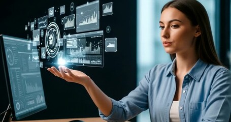 Female professional interacts with holographic data interface - Powered by Adobe