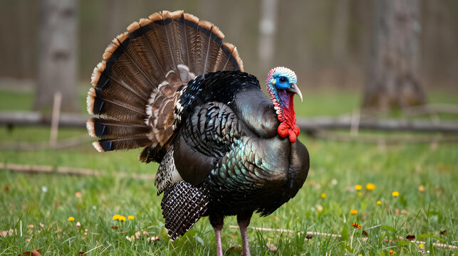 Wild turkey displaying feathers in forest clearing vibrant portrait