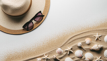 Beach vacation essentials creating a summer mood with hat, shells, and sunglasses