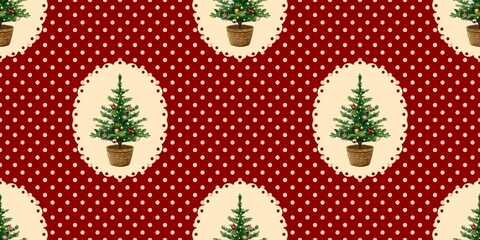 Christmas tree seamless pattern decorated ornaments xmas gift  hand drawn Festive red dots background for winter vintage holidays, wrapping paper or fabric event Illustration.