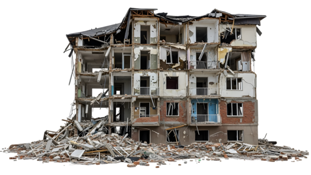 Collapsed multi story apartment building with debris pile in foreground isolated on a transparent background