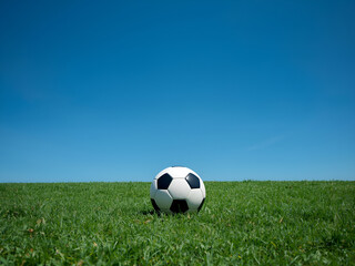 Fototapeta premium A soccer ball resting on a green grass field with natural sunlight and a blurred stadium background, capturing the energy and atmosphere of outdoor sports.
