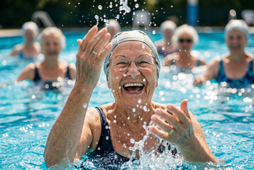 Joyful senior woman with glasses splashing water and laughing during a fun aqua aerobics class with friends in the swimming pool.