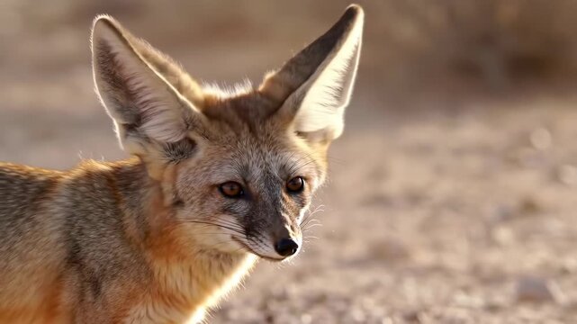 Alert Fennec fox in desert environment at sunset. Wildlife, nature, animal.