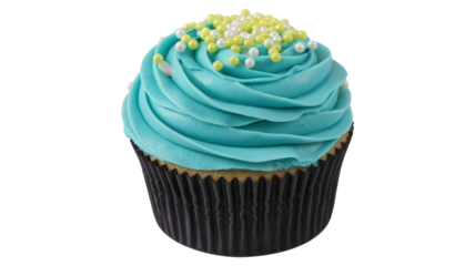 Single Cupcake with Blue Frosting and Sprinkles on Isolated Background Confection Dessert Delicious Icing Sweet Treat Baked Goods Food Photography Sprinkled Bakery Item
