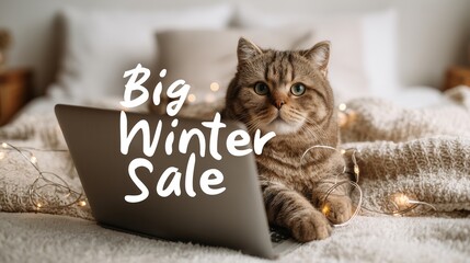 Adorable cat promoting a big winter sale on a laptop with festive holiday lights in a cozy bedroom setting, perfect for seasonal marketing campaigns