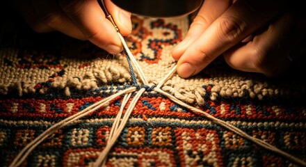 Skilled hands meticulously restoring an intricately patterned traditional woven rug with needle and thread.