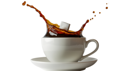 Coffee Splash With Sugar Cube In Cup Isolated On Transparent Background Hot Espresso Latte Beverage With Sugar Cube And Splashes For Breakfast Or Cafe