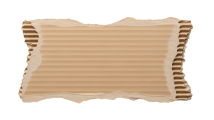 Roughly torn brown corrugated cardboard, displaying natural texture with visible fluting on jagged edges, ideal for a rustic banner or label, isolated on transparent background