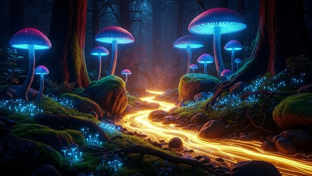 A mystical forest scene with glowing blue mushrooms and an illuminated orange river flowing through mossy rocks.