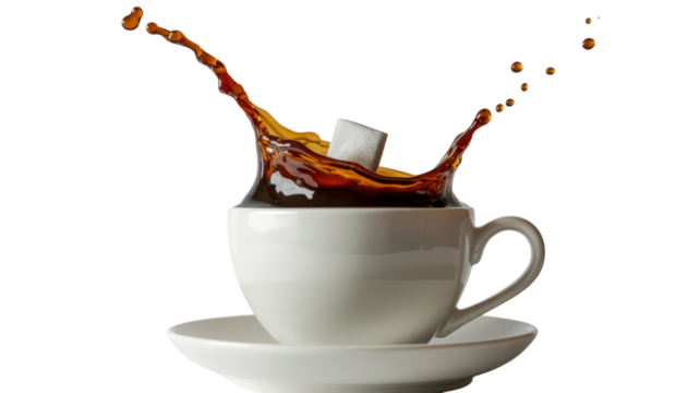 Coffee Splash With Sugar Cube In Cup Isolated On Transparent Background Hot Espresso Latte Beverage With Sugar Cube And Splashes For Breakfast Or Cafe