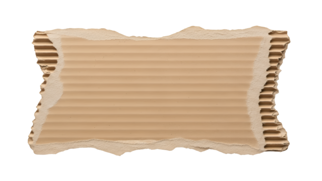 Roughly torn brown corrugated cardboard, displaying natural texture with visible fluting on jagged edges, ideal for a rustic banner or label, isolated on transparent background