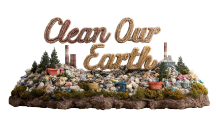 PNG of A creative depiction of pollution with the phrase 'Clean Our Earth' above a mound of garbage, highlighting environmental concerns.