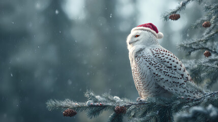 Festive snowy owl wearing a Santa hat perched on a snow-covered branch during winter snowfall