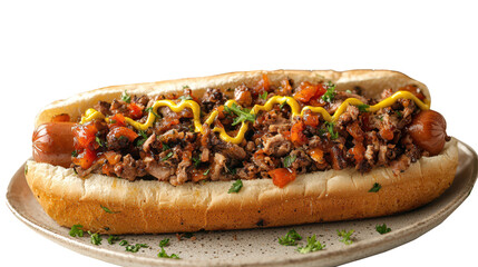 Cocktail glass filled with dark stout placed beside a crispy hot dog with mustard and ketchup, emphasizing foam details, PNG, isolated on transparent background.