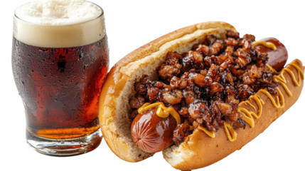 Cocktail beside a crispy hot dog with mustard, ketchup, and foam details PNG, isolated on transparent background.