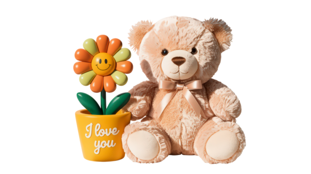 Teddy Bear with Flower Pot on Transparent Background Cute Stuffed Animal with Smiling Plant Symbolizing Friendship and Love Perfect Gift for Children and Adults Toy Decor