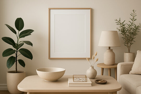 Minimal yet elegant interior styling featuring a mock-up poster frame, decorative bowl, plants, and personal accents on a beige coffee table