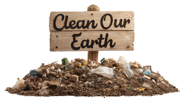 PNG of A wooden sign urging to 'Clean Our Earth' stands atop a mound of litter, symbolizing the importance of environmental awareness. - Powered by Adobe