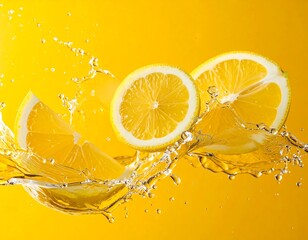 Vibrant lemon slices splashing in liquid, set against a sunny yellow backdrop