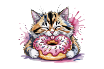Joyful cartoon cat eating a pink sprinkle donut with delight. isolated on transparent background