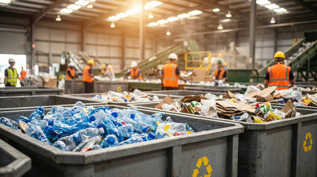 Selective focus on large containers filled with plastic waste inside a busy industrial recycling plant with blurred workers processing materials in the background.