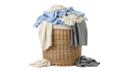 Wicker laundry basket filled with clean clothes isolated PNG with Transparent Background