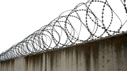 Concrete wall topped with coiled razor wire security fencing isolated on a transparent background barbed wire