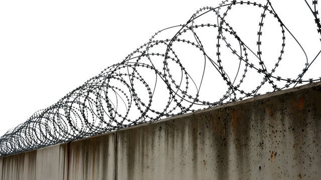 Concrete wall topped with coiled razor wire security fencing isolated on a transparent background barbed wire