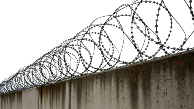 Concrete wall topped with coiled razor wire security fencing isolated on a transparent background barbed wire