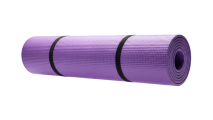 Vibrant purple yoga mat, tightly rolled with black securing straps, ideal for yoga, fitness, and meditation practices, presented horizontally and isolated on transparent background
