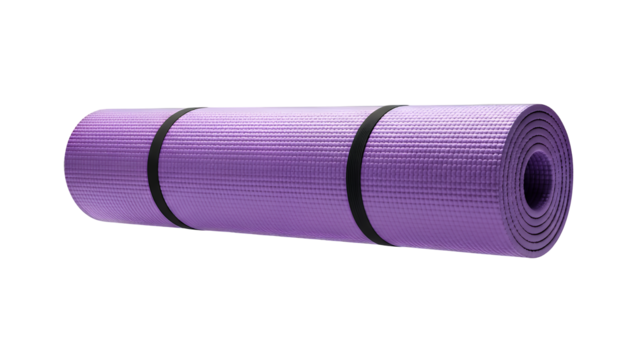 Vibrant purple yoga mat, tightly rolled with black securing straps, ideal for yoga, fitness, and meditation practices, presented horizontally and isolated on transparent background