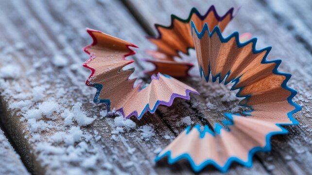 Vibrant spiral of multicolored pencil shavings on a rustic, frost-dusted wooden surface, symbolizing creative expression and artistic imagination in a wintry setting