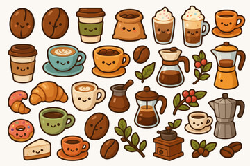 Cute coffee doodles with cups, beans, and pastries in adorable cartoon style