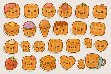 Cute kawaii waffle characters with various toppings and expressions