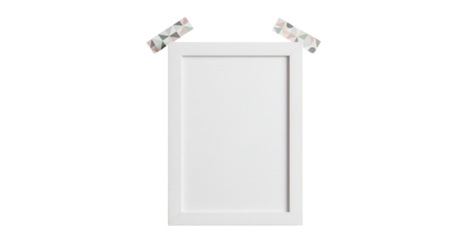 Blank white picture frame attached with decorative tape isolated PNG with Transparent Background