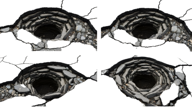 Cracked asphalt road with a deep circular hole revealing layered construction and dark interior isolated on a transparent background