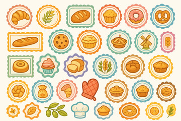 Colorful bakery icons with bread, pastries and baking tools