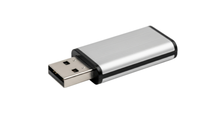 Silver USB drive or flash drive for data storage isolated PNG with Transparent Background