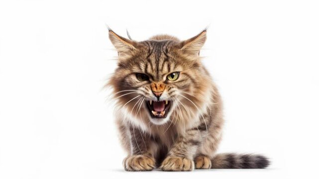 Maine coon cat lets out a mighty roar in bright studio light
