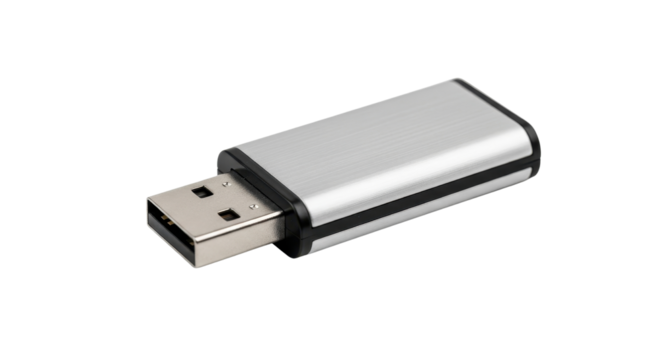 Silver USB drive or flash drive for data storage isolated PNG with Transparent Background