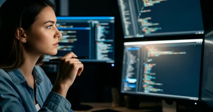 Female software developer coding on multiple screens at night